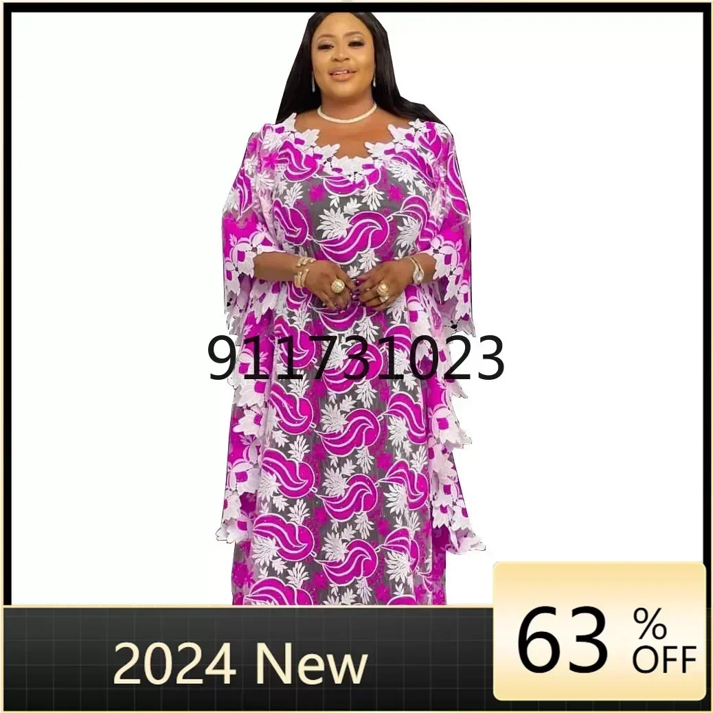 New African Dashiki Fashion Loose Embroidery Long Dress African Maxi Dress For Women African Clothes Elegant Lace Dresses