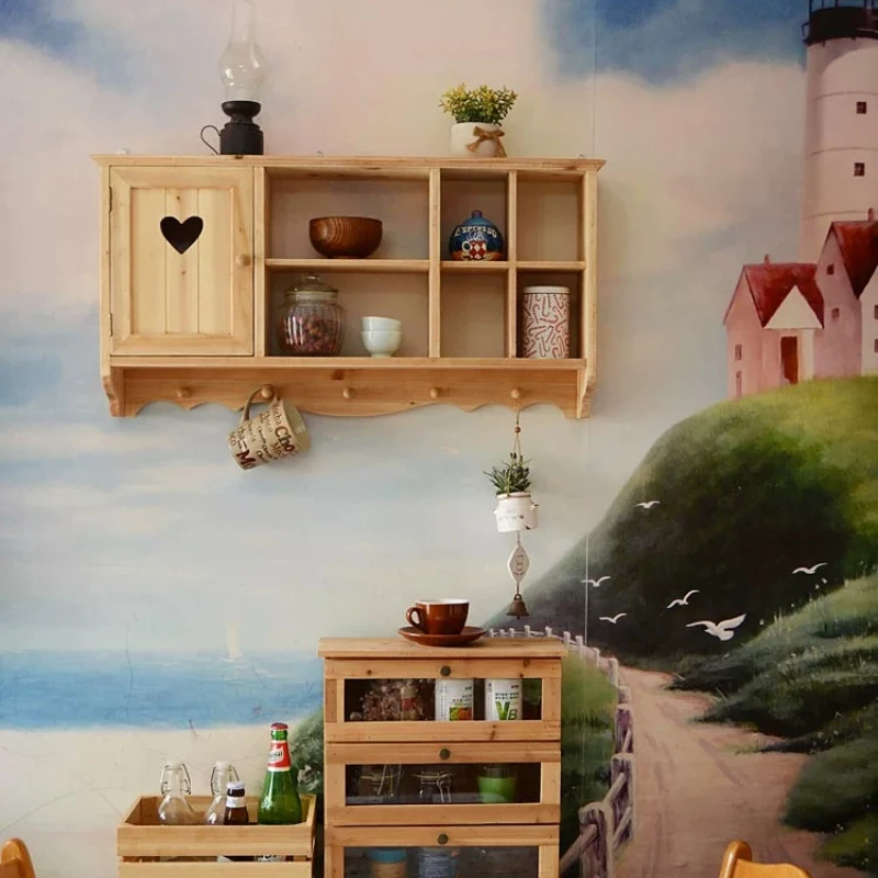 Solid wood retro storage wall rack cup tea cabinet shelf wall decoration creative wall hanging cabinet