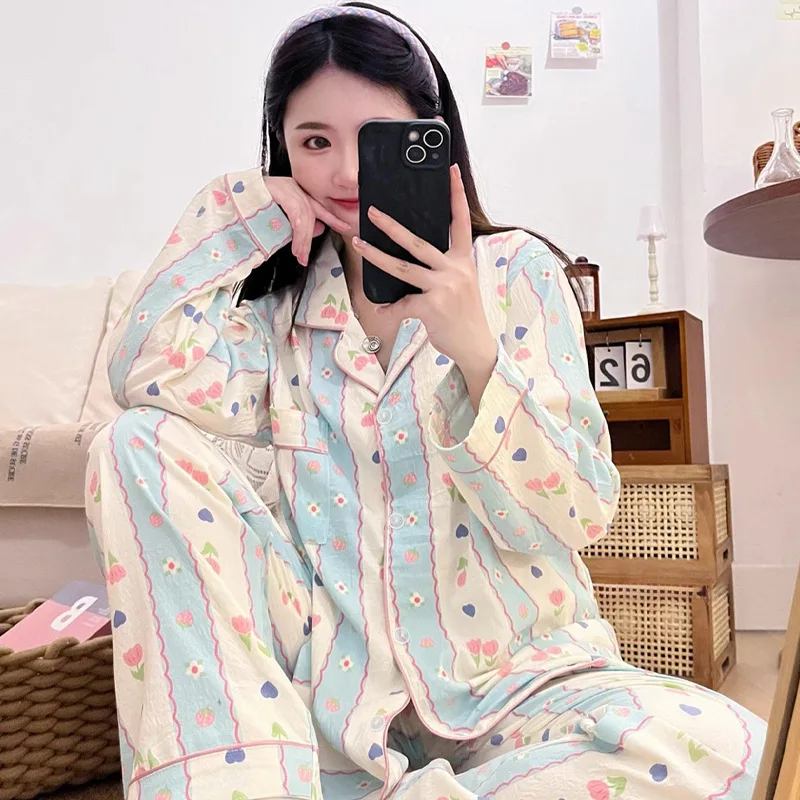 Women's Pajamas Cloud Cotton Autumn Sleepwear Long Sleeve Shirt Trousers Two Piece Set Loungewear Button Cardigan Outfits