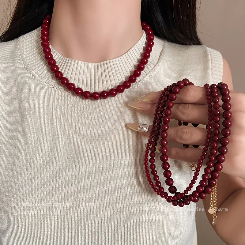 Red Round Glass Bead Necklace Retro Collarbone Chain Accessories for Women