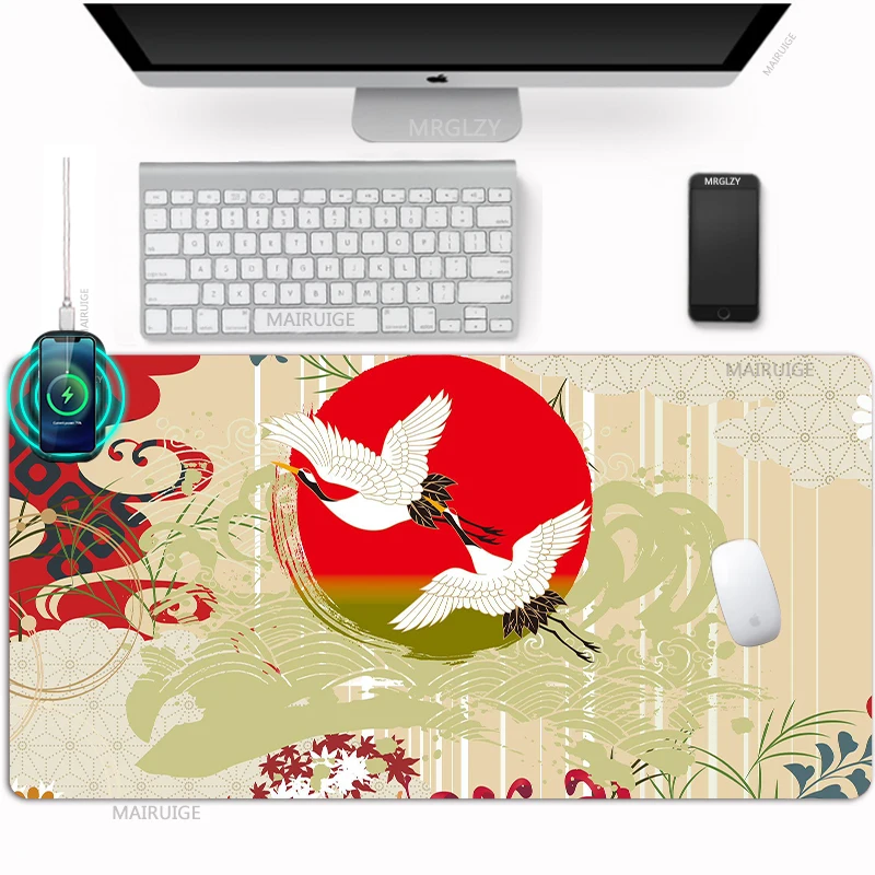 

Japanese Style Bird Wireless Charging Mouse Pad Crane XXL Desk Pad Type-C Game Accessories Carpet Rug MouseMat LOL Mousepad Mat