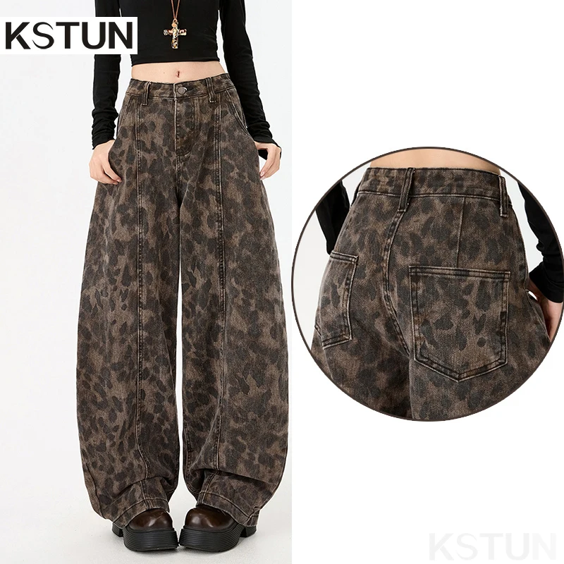 

KSTUN Американские винтажные джинсы с леопардовым принтом, женские свободные мешковатые брюки с высокой талией, уличная одежда, широкие брюки большого размера в стиле хип-хоп