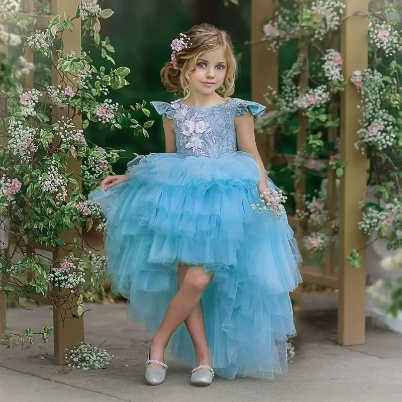 Vestido floral personalizado para meninas, roxo, gola alta e baixa, para festa de casamento, aniversário, princesa, vestido de tule