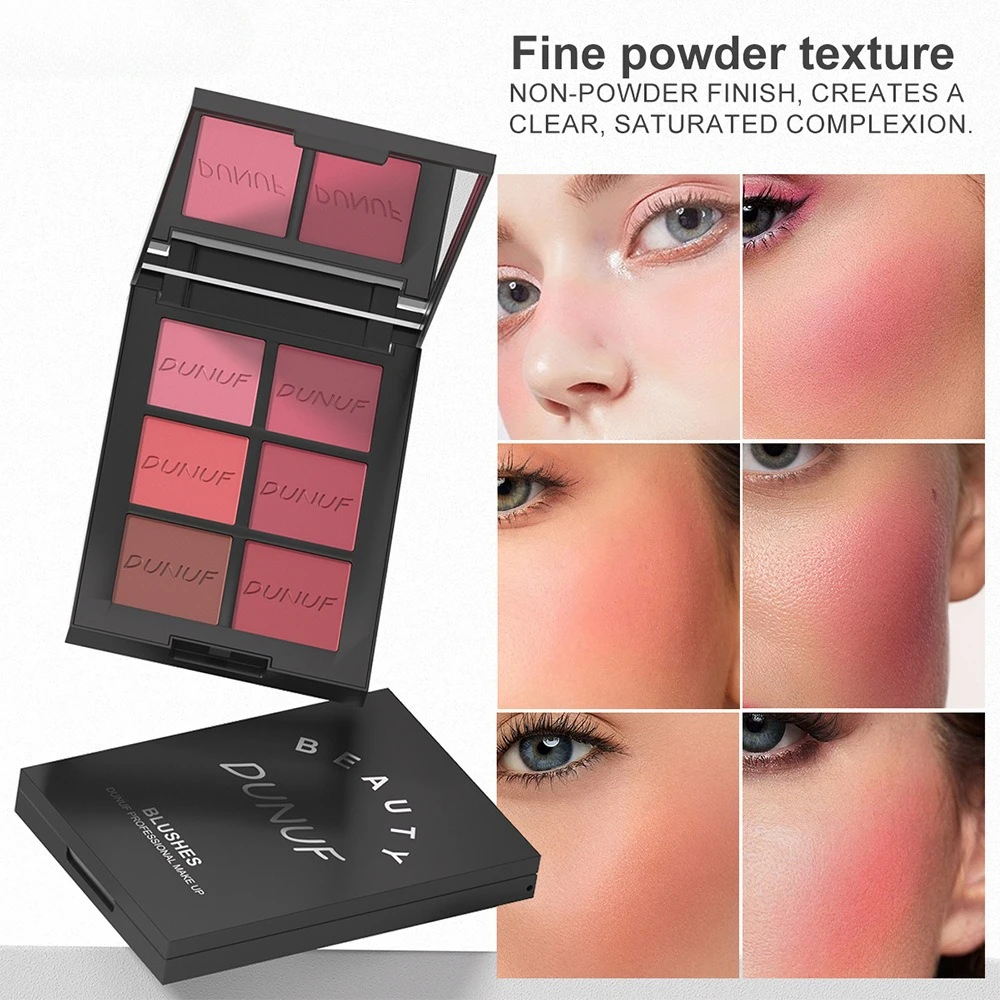 올인원 블러쉬 팔레트 6가지 색상 대형 거울 포함 벨벳 파우더 블렌딩 가능한 색소 모든 피부용 자연스러운 얼굴 윤곽 연출