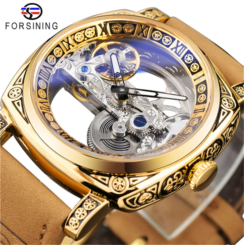 Forsining 403B Silver Skeleton clocks Brown Leather Belt Automatic Wristwatches for Men Transparent Watch Party Gift