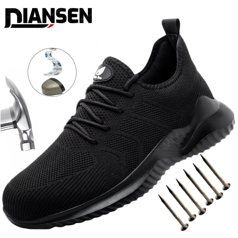 Men's Comfortable Breathable Black Work Boots Safety Steel Toe Industrial Anti-Puncture Lightweight Footwear for Outdoor Work