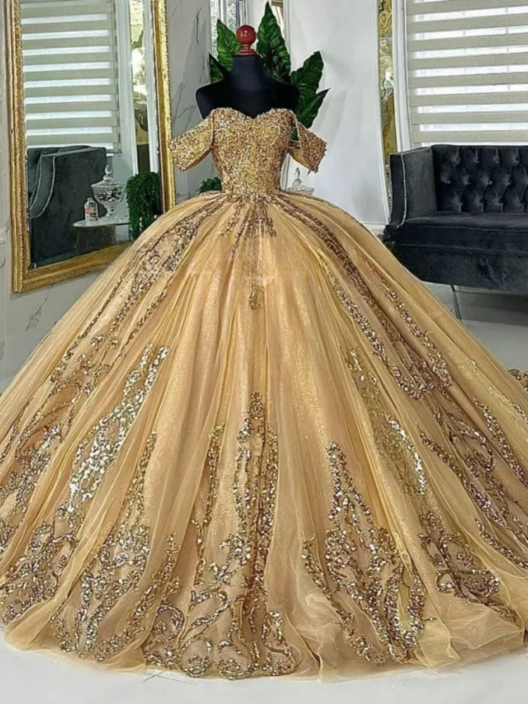 Customized Real Gold Beading Ball Gown Quinceanera Dresses Appliques Lace Corset Vestidos De 15 Años Party Prom Gown Formal Wear