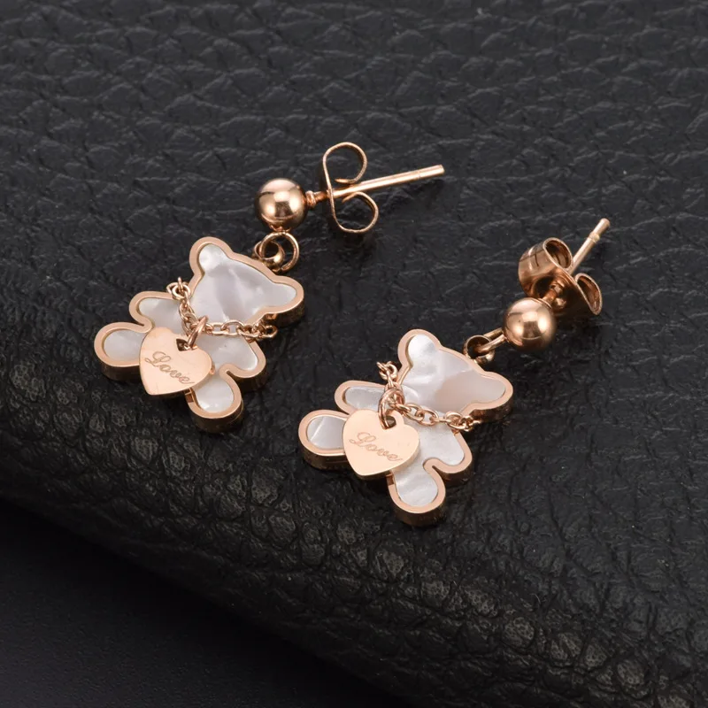 Necklace Bracelet Earring Set White Shell Cute Bear Peach Heart Titanium Steel Jewelry Stainless Steel Ladies Jewelry
