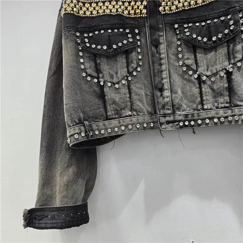 Travail lourd Rivet perlé diamant noir contraste couleur courte veste en jean mode col montant à manches longues Cowboy vêtements d'extérieur