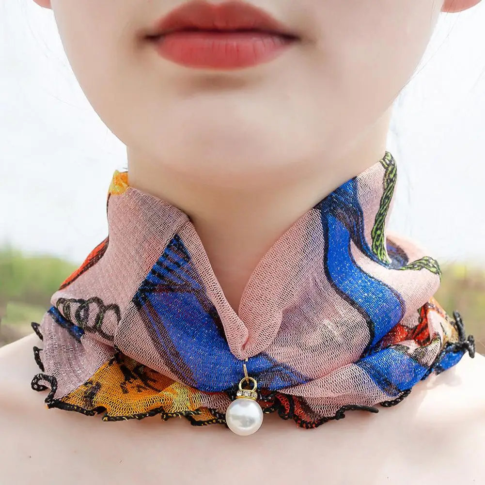 Lady Headscarf Scarf With Pearl Decor Scarf Flower Edge Wood Ears Women Scarves Lace Neck Wrap Square Organza Chiffon Scarf