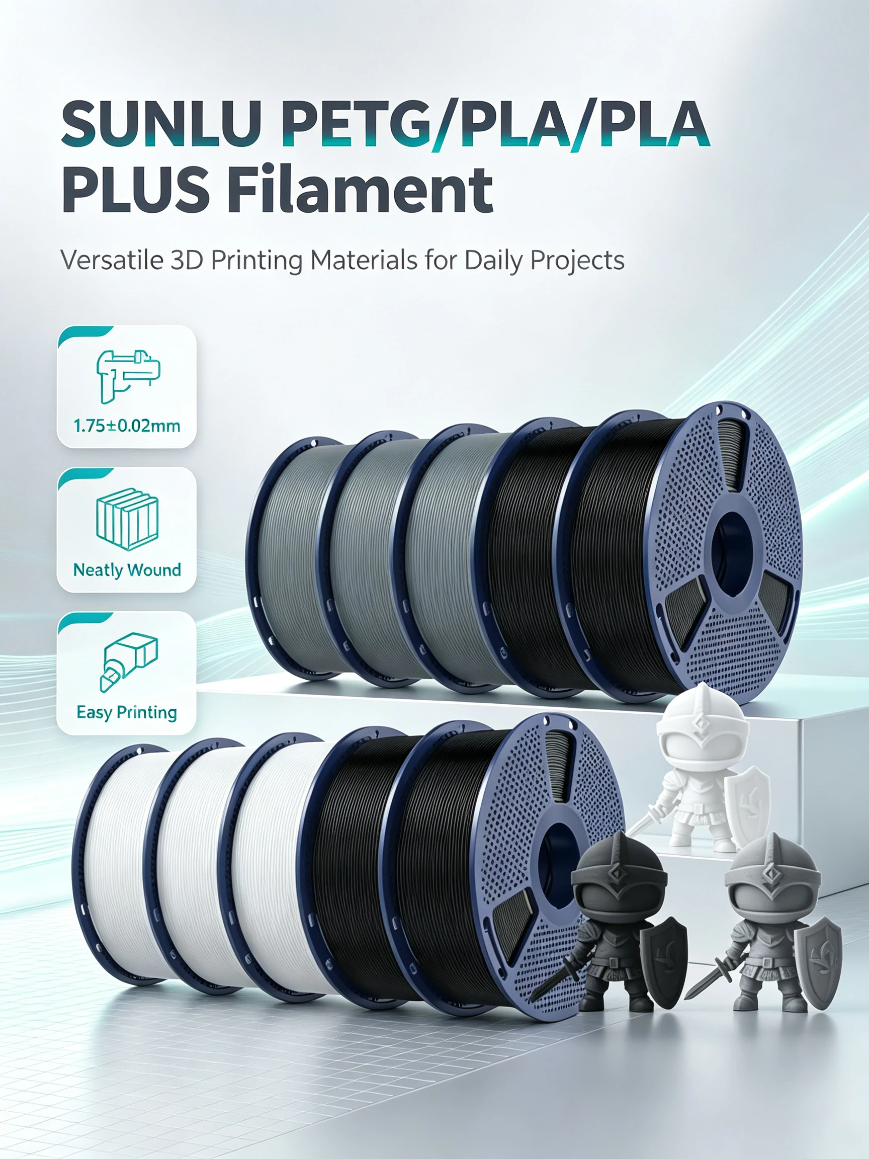 SUNLU PETG/PLA/PLA PLUS 3D-Filament 1,75mm 10KG Schwarz Weiß Grau Verwicklungsfreies Filament Mit Wiederverwendbarer Spule für die Meisten FDM-Drucker
