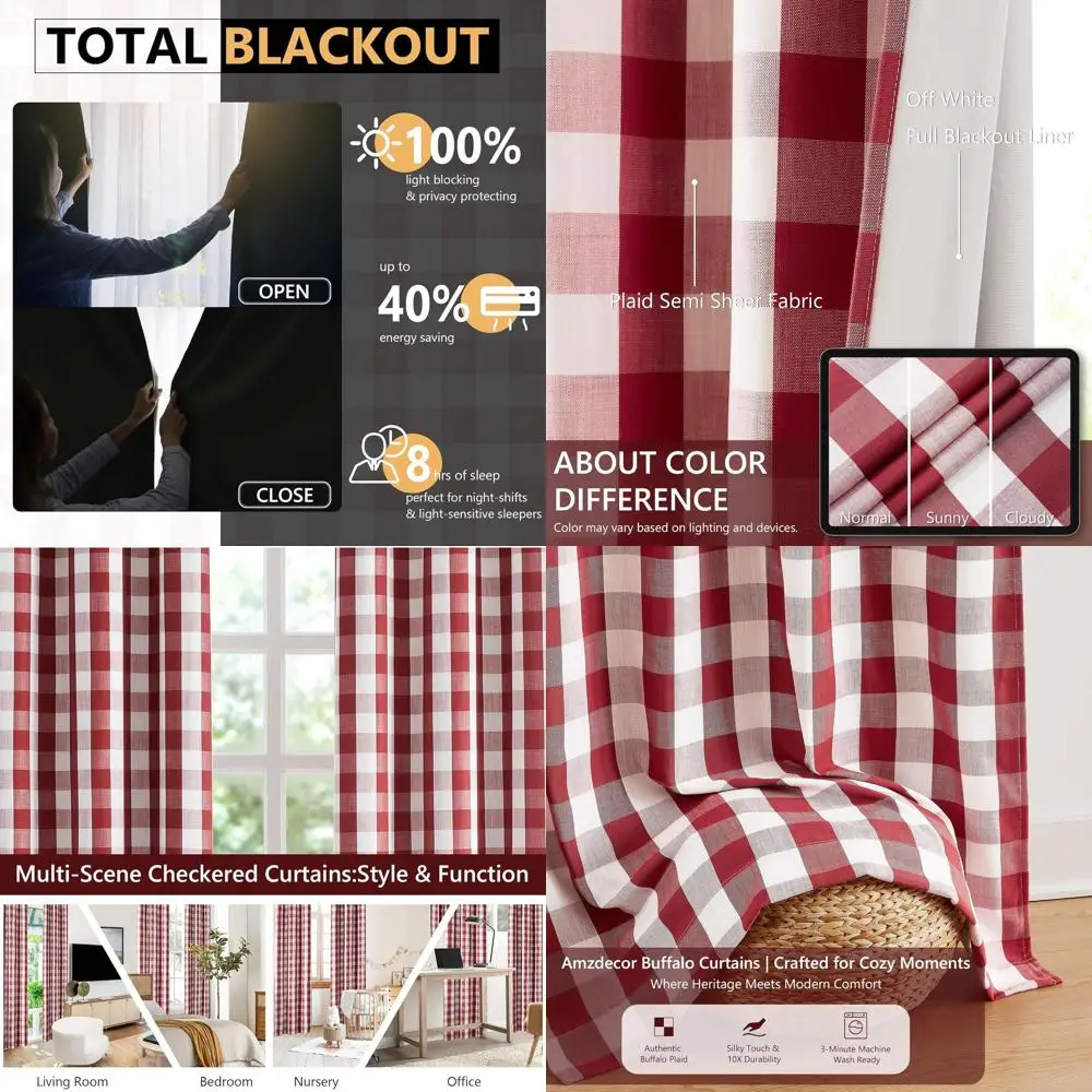 

Красно-белые плотные шторы в клетку буйвола с термоизоляцией, 2 панели, 52x84 для спальни/гостиной