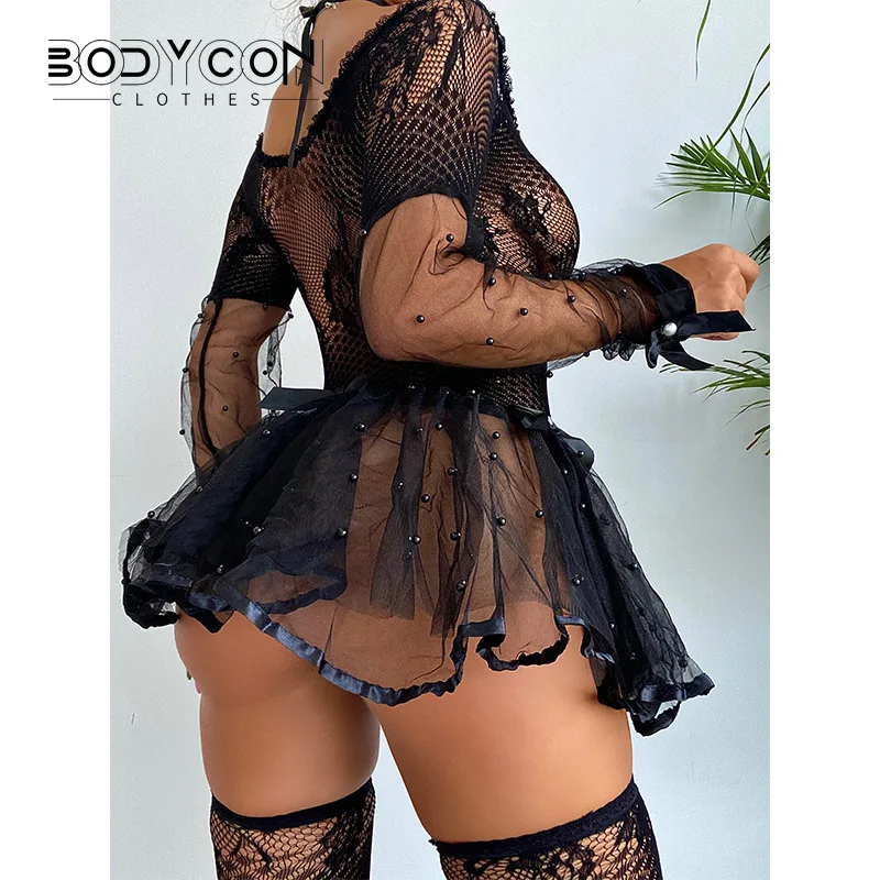 여성을위한 섹시한 파티 이브닝 ​​드레스 2025 새로운 투명 레이스 중공 여성 의류 유혹 정장 스트리퍼 여성 의류