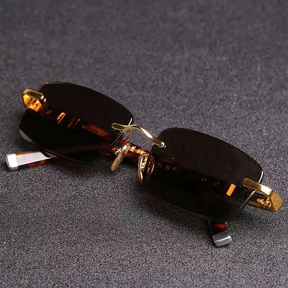 Rahmenlose Herren-Sonnenbrille, grüner Kristallstein, Leopardenmuster, Fahrradbrille, schwarze Sonnenbrille, UV-Schutz, Outdoor-Sonnenbrille