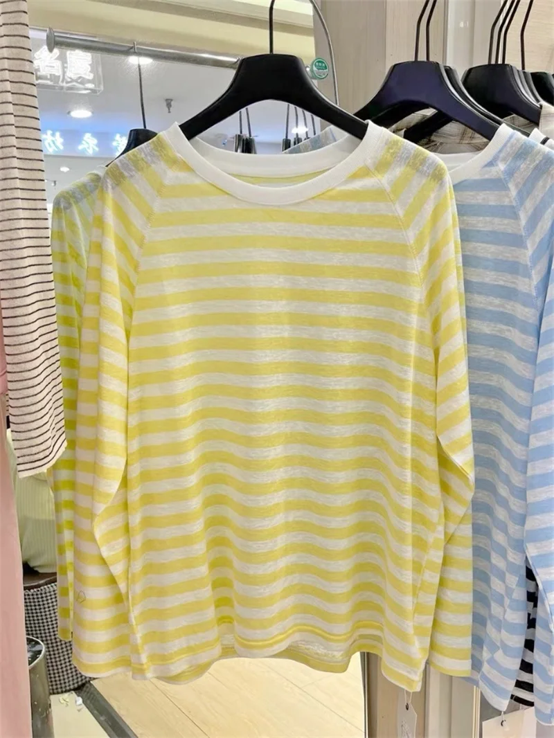 

Casual Loose Long Sleeve T-Shirt Women's Summer Sun Protection Air Conditioner Fan Cover Shirt Striped round Neck Top