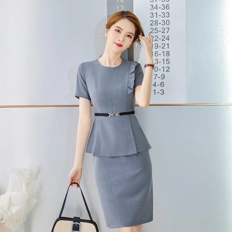 

Summer Short Sleeve Dresses for Women Business Work Wear OL Styles Professional Vestidos Tops Slim Hips Dress with Belt S-4XL