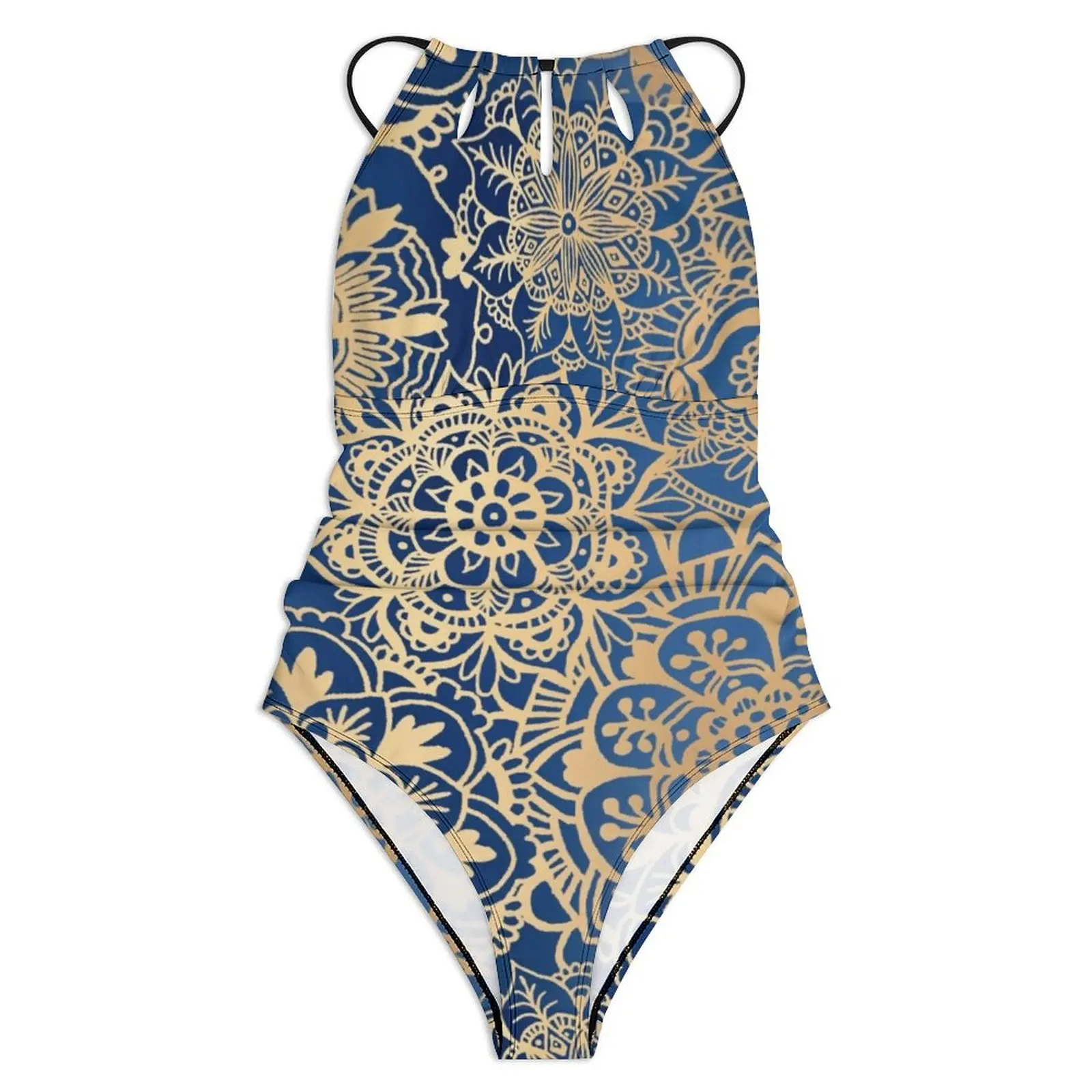 Retro Gold Mandala Swimsuit Sexy Trendy Bohemian Ladies Swimwear One-Piece Fashion Bodysuit Bath Push Up High Cut Bathing Suit