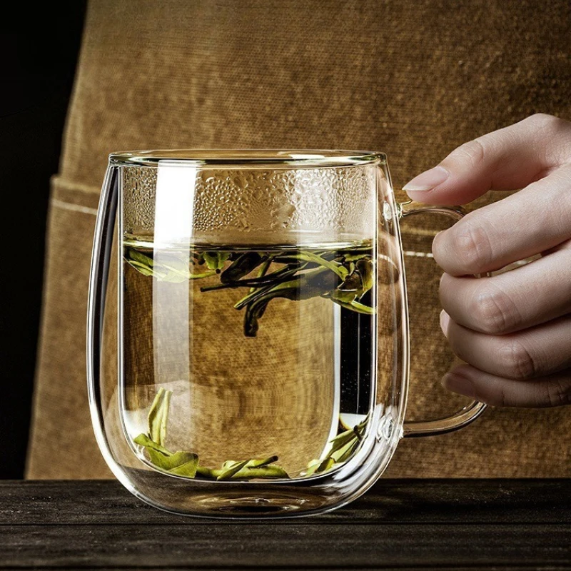 

Кружка из боросиликатного стекла с двойными стенками и ручкой, изолированные чашки для кофе, молока для горячих и холодных напитков, прочная чайная чашка с ложкой