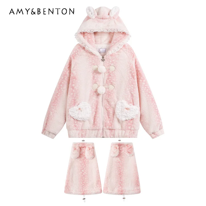 

French Design Sweet Cute Lamb Wool Hooded Women's Cotton Jacket 2025 Winter Thickened Warm with Horn Buttons Duffle Coat Ladies