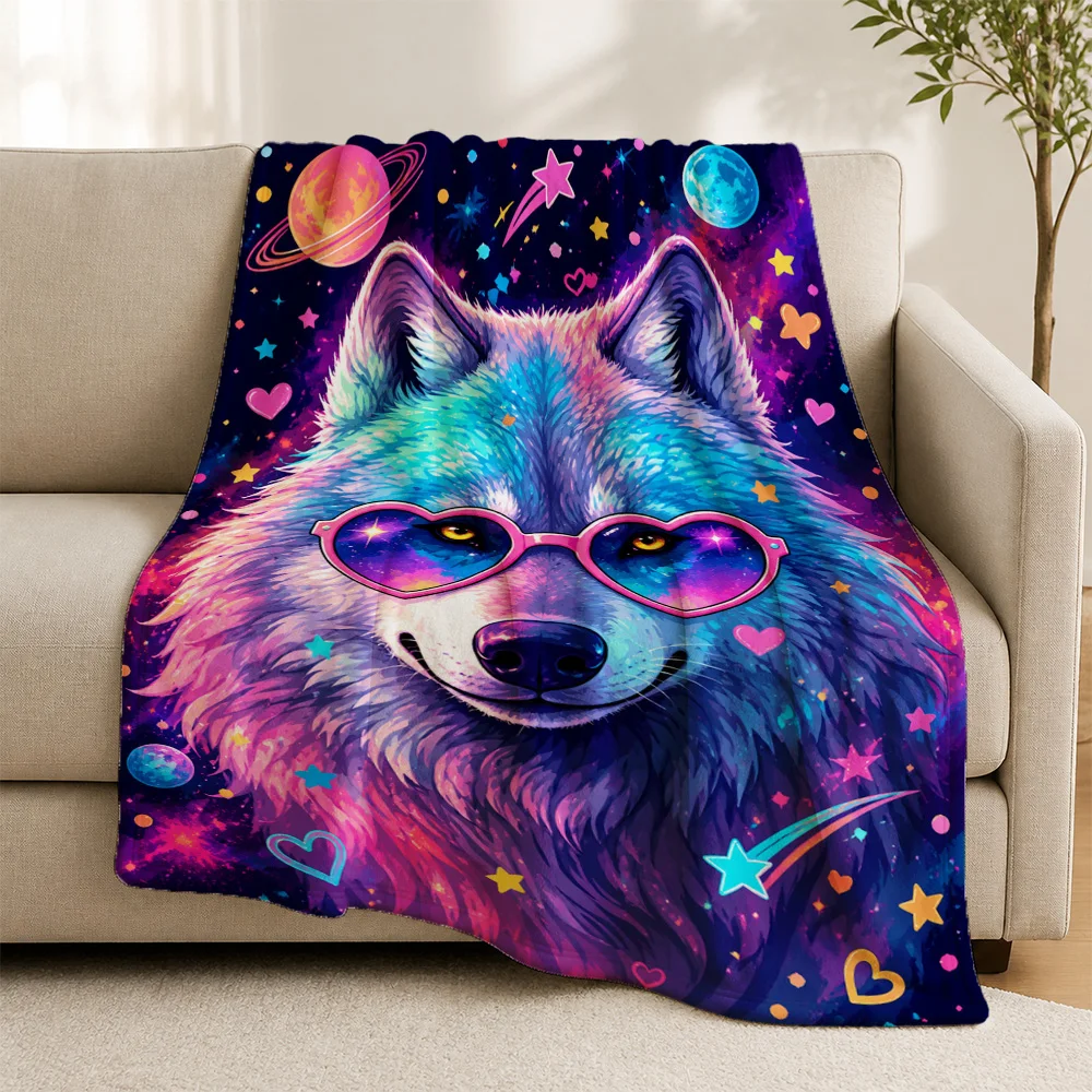 Ultra Soft Galaxy Wolf Throw Blanket Cosmic Space Neon Boho Aesthetic Art Sofa Decor Unique Cozy Gift for Modern Home Decoration