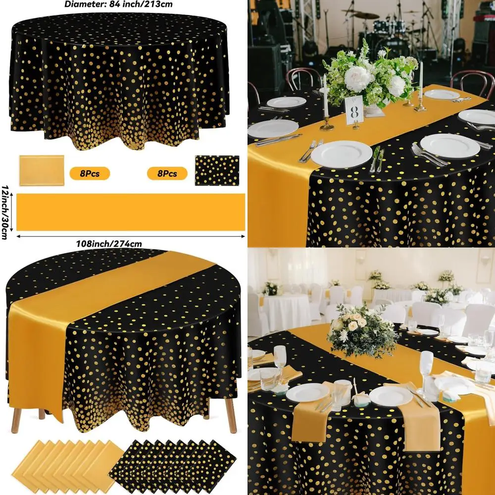 

Polka Dot 84 Inch Round Disposable Tablecloths with Satin Runner for Fall Weddings, Thanksgiving, Christmas, New Year, and Birth