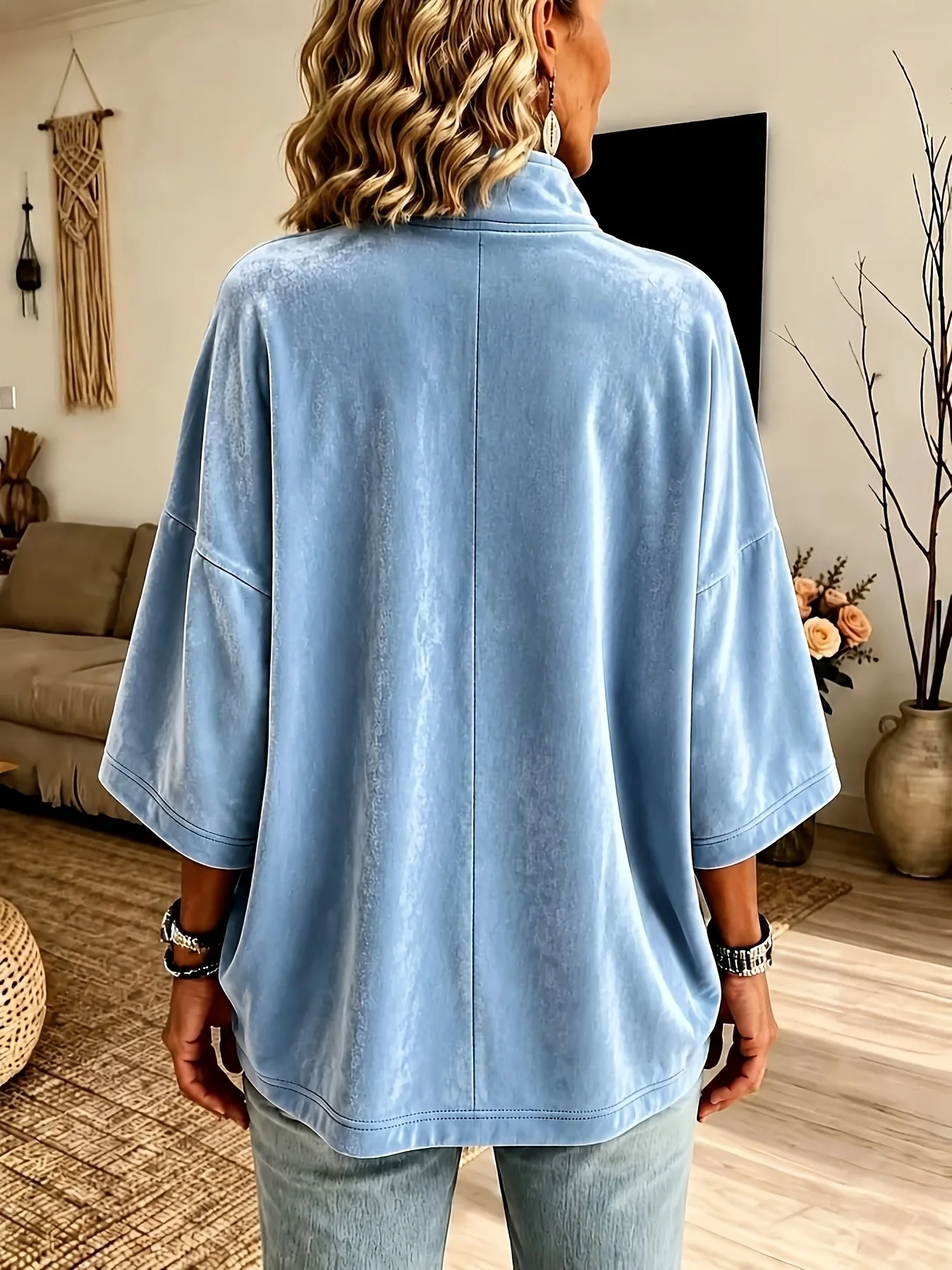 Autumn Winter Velvet Solid Half Zip Sweatshirts Stand Collar 3/4 Sleeve Loose Casual Pullover Tops Women Vacation Daily Hoodie