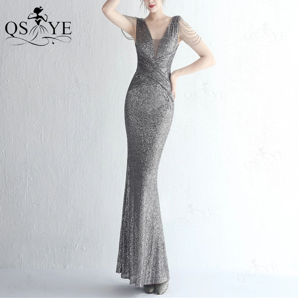 

Grey Sequin Prom Dresses V Neck Ruched Mermaid Evening Gown Crisscross Waist Beading Straps Gray Elegant Women Formal Party Gown