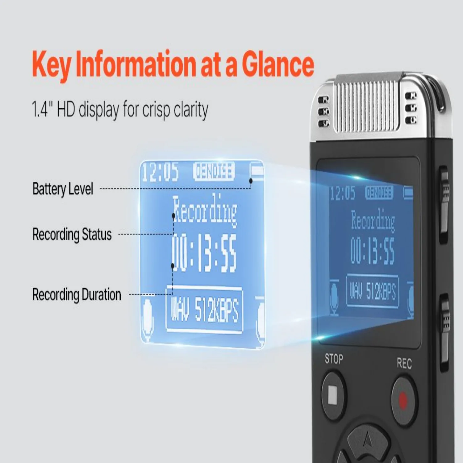 مسجل صوت رقمي سعة 128 جيجابايت مع شاشة عالية الدقة مقاس 1.4 بوصة، وإلغاء الضوضاء ونقل USB 2.0 - تسجيل طويل للطلاب/المحترفين #6