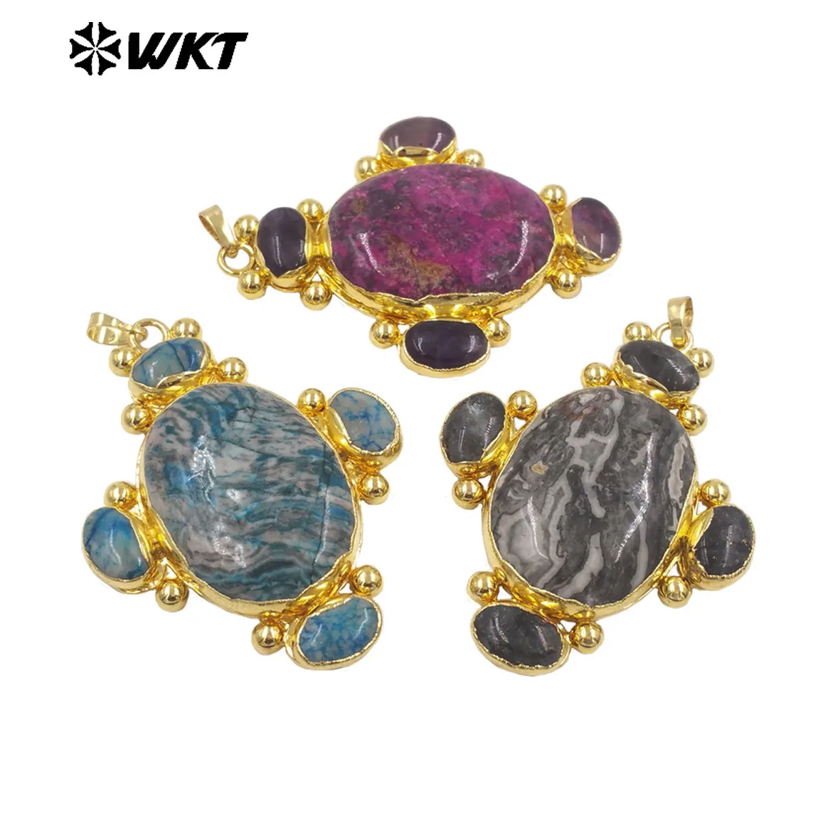 WT-P2134 Vintage Unique Design Natural Gemstone With 18k Gold Plated Fine Texture Pendants For Jewelry Making
