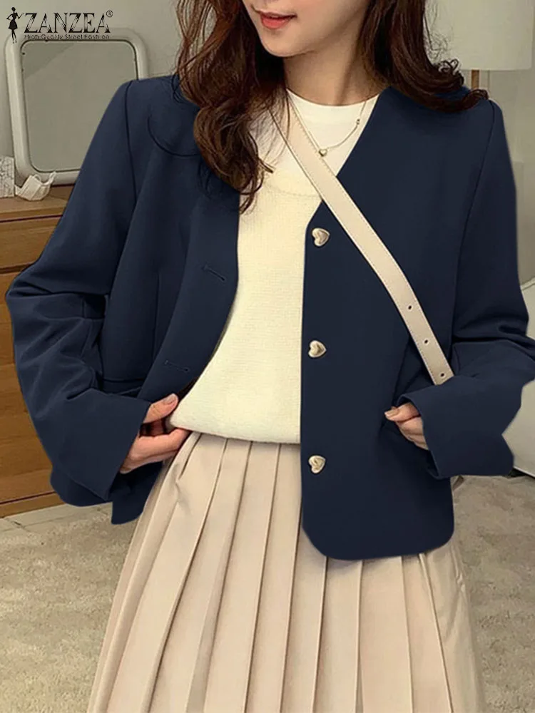 Women Blazer ZANZEA Autumn Solid Suits Outwear V Neck Long Sleeve Blouse Casual Work OL Jackets Female Casual Buttons Thin Coats