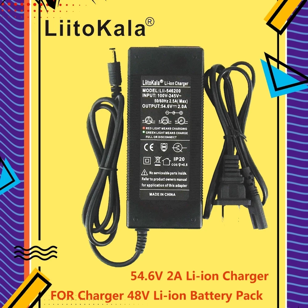 LiitoKala 13S 48V 2A Lithium-ion Battery Pack Charger 5.5*2.1mm Universal 54.6V AC DC Power Supply Adapter