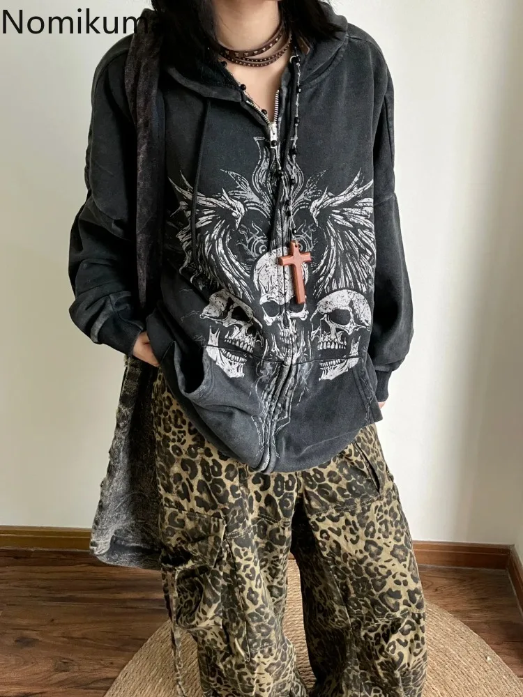 Harajuku Y2K Hoodies Streetwear Skull Print Zipper Jackets Long Sleeve Hooded Sweatshirts Casual Fashion Oversized Tops Women