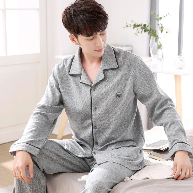 Pajamas Men\'s Spring and Fall Winter 100% Cotton Long-Sleeved Large Size Leisure Sleepwear Homewear Plaid Nightwear Loungewear