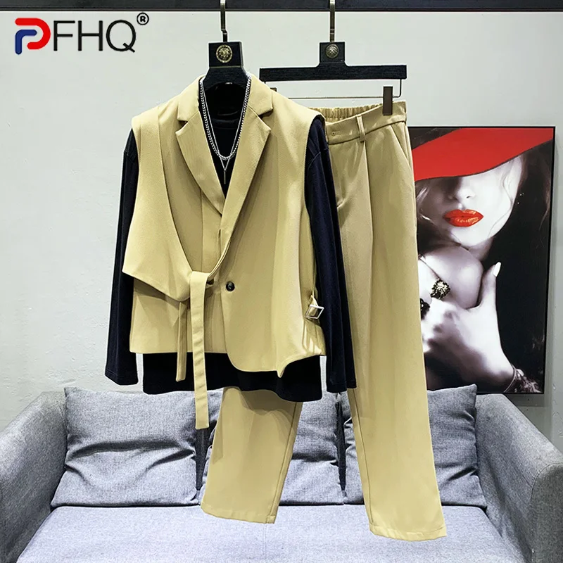 PFHQ 2023 Summer New Fashion Suits For Men\'s Solid Color Asymmetrical Sleeveless Drawstring Vests Straight Pant Men Tide 21F3413