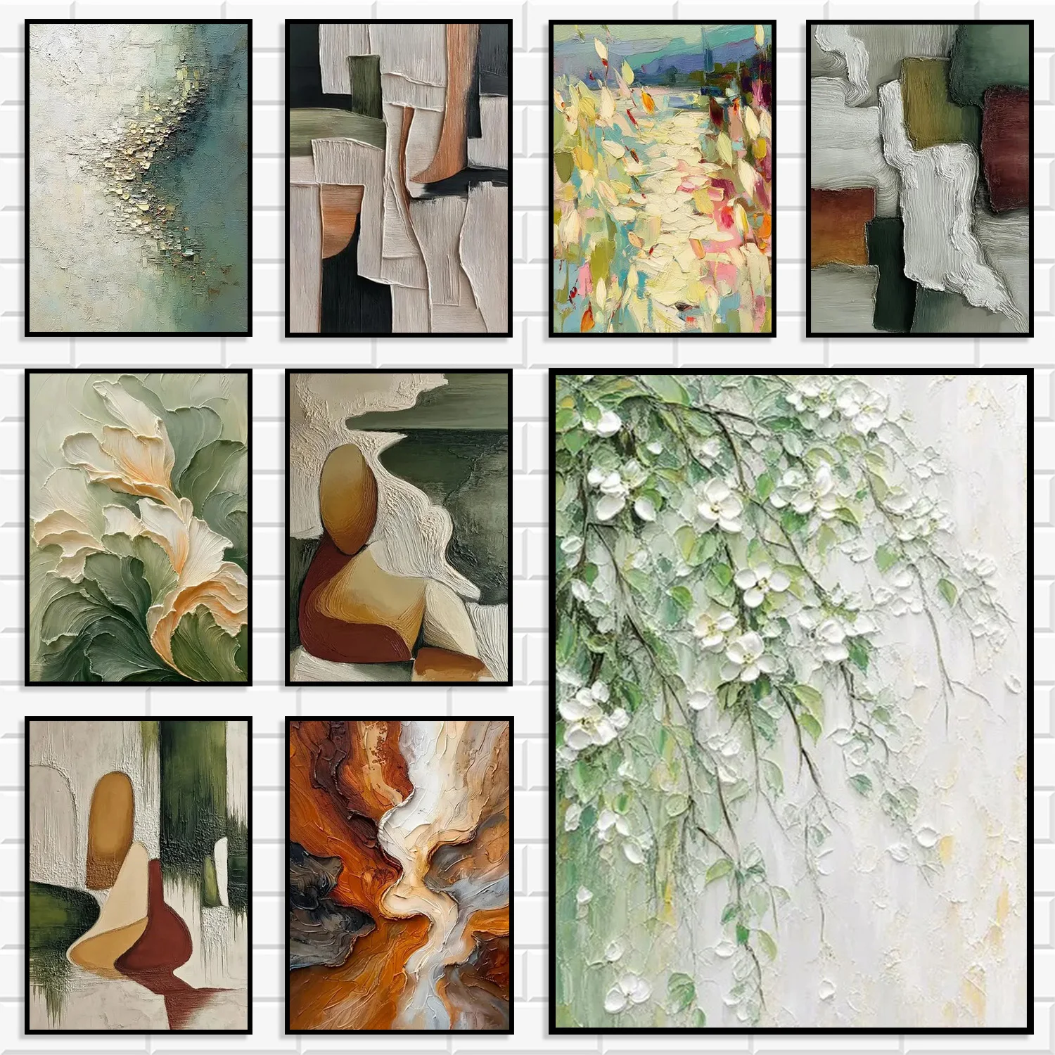 Thick Impasto Textured Canvas Wall Art Set Neutral Earth Tone Abstract Figure Floral Gold Foil Stream Texture Poster Home Decor