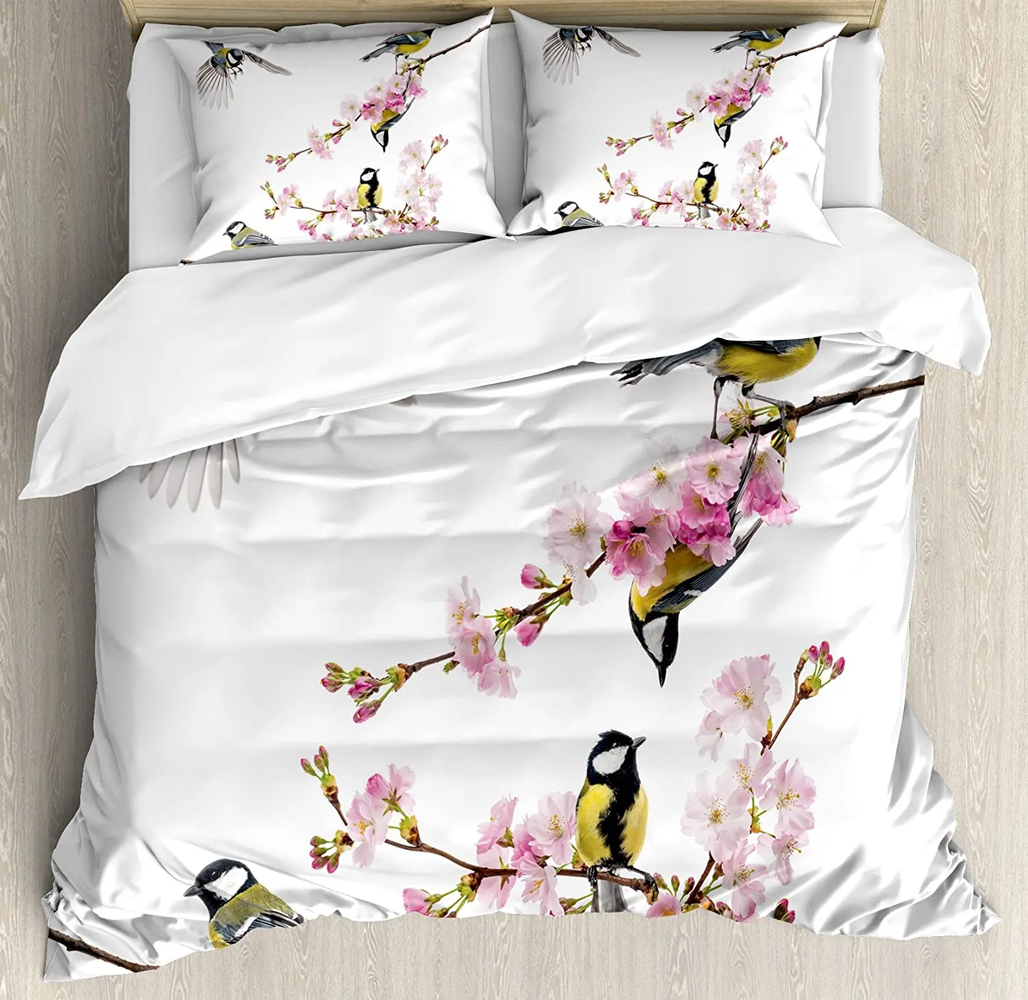 

Flying Birds Decor Bedding Set Comforter Duvet Cover Pillow Shams Group of Cute Humming Birds on a Bedding Cover Double Bed Set