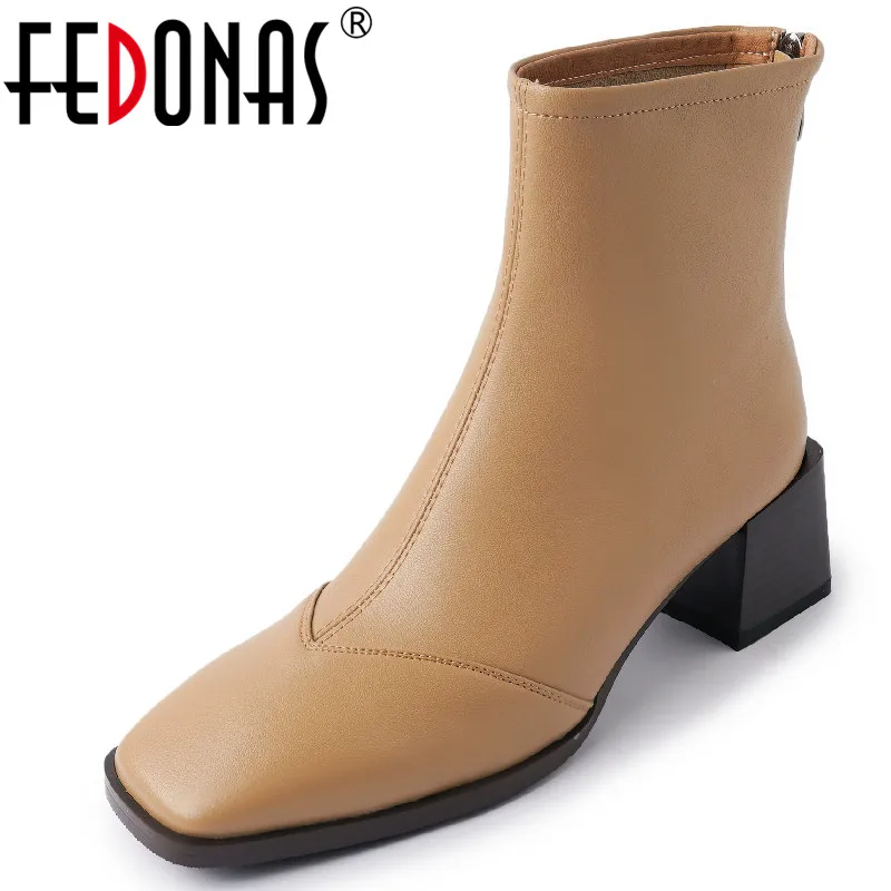 FEDONAS Basic Women Ankle Boots Square Heels Splicing Genuine Leather Office Ladies Dress Shoes Woman 2025 Autumn Winter Fashion