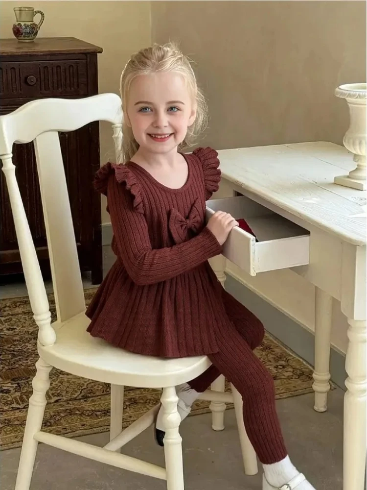 

2 шт., осенне-зимняя модная одежда для маленьких девочек, мягкий и уютный топ с длинными рукавами и бантом + штаны, костюм, одежда для маленьких девочек 0-3 лет