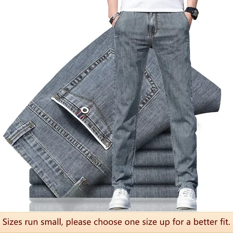 Trendy Men Jeans High Quality Elastic Loose Soft Ice Silk Slim Fit Straight Cylinder Pure Color Casual Long Pants Male