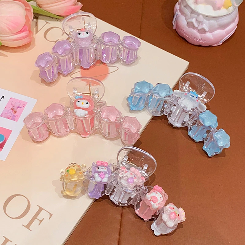 Sanrio  Melody Kuromi Hair Clip Fine Flash Transparent Cartoon Shark Clip Girl Heart Ponytail Hairpins Anime Hair Accessories