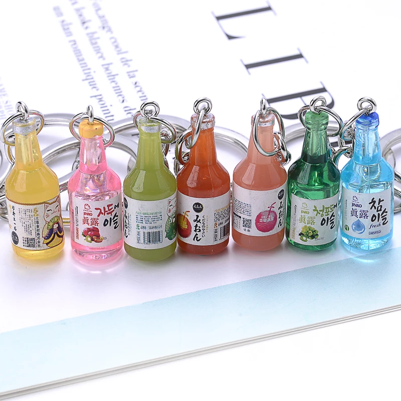 Korea Fashion Glass Drink Bottle Keychain Simulation Resin Bottle Trinket Women Keyring Spring Ring Jewelry Pendant Gift Souveni