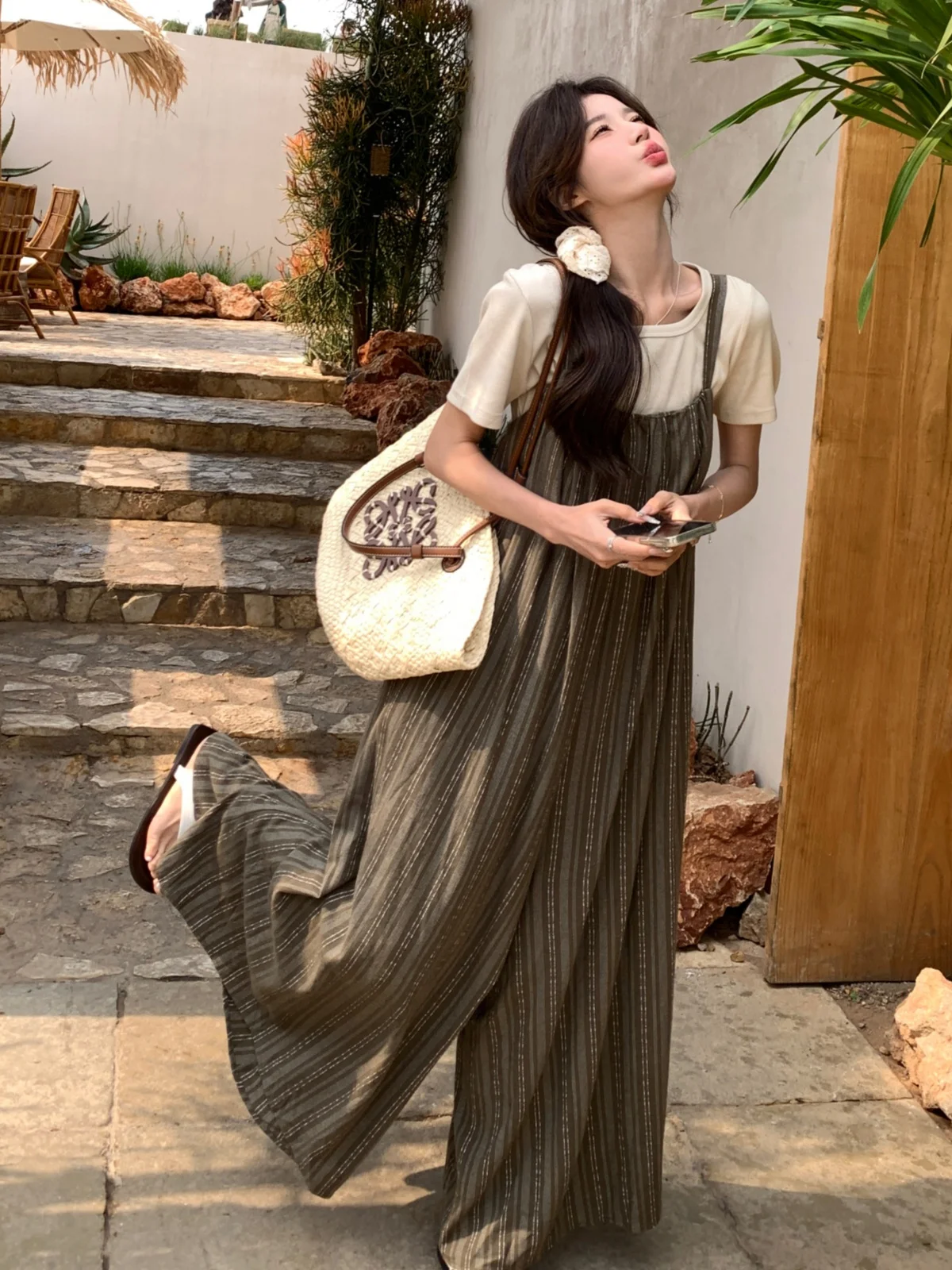 

Свободная футболка, комбинезон с широкими штанинами, женский летний комплект 202, новый ленивый костюм для похудения, антивозрастной костюм из двух предметов, повседневный круглый костюм Ne