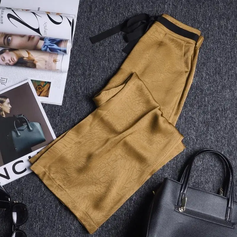 Ice Silk Acetate Khaki Loose Mid Waist Slimming Pants 2024 Straight Leg New Casual Explosive Casual Pants Pants