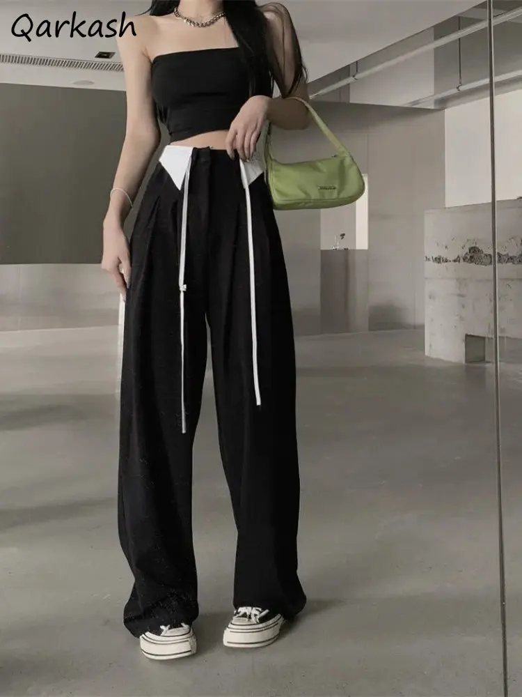 

Wide Leg Pants Women Casual Drawstring Patchwork Irregular Streetwear Vintage Trousers Baggy All-match Elegant Korean Style New