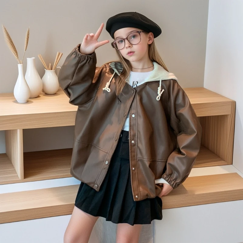 Jacket for Girls Spring 2025 Hooded PU Leather Outerwear 2 To 14 Years Teenage School Kids Tops Clothes Tide Cool Casual Coats