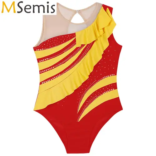 Leotardos de Ballet para mujer, camisola, Leotardos de baile, disfraz de gimnasia rítmica, patinaje artístico artístico, mono triangular con volantes