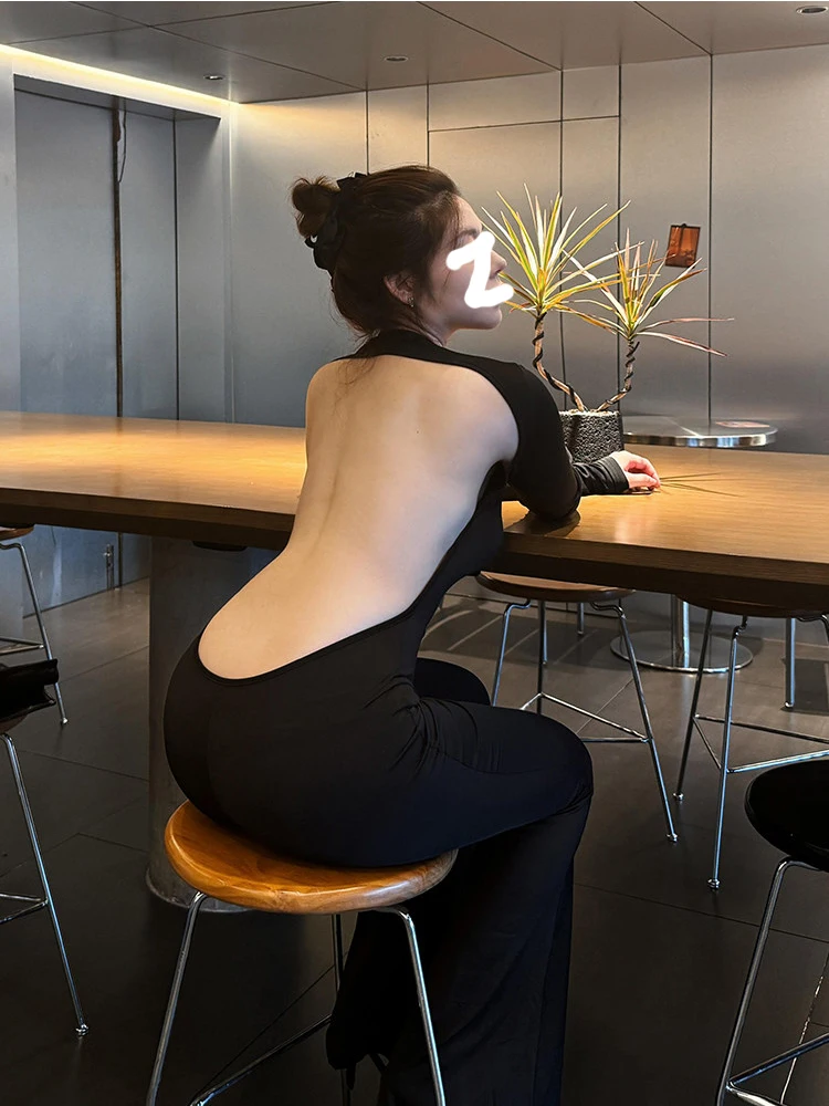 Huax sexy longo sve redondo ne apertado ajuste calças de perna larga feminino início do outono picante apertado de uma peça de cintura alta commute sle