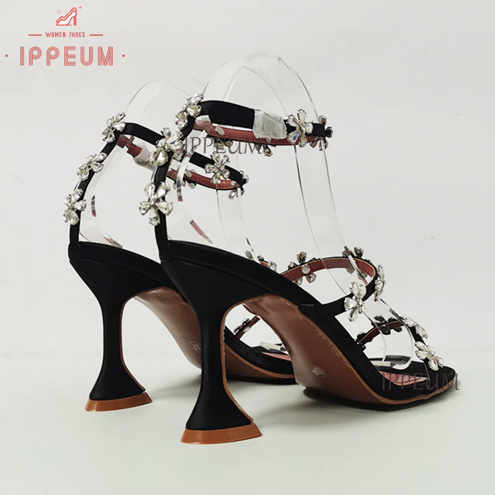 IPPEUM Crystal Flower Slides Women Black High Heels Runway Designer y2k Shoes 2023 New In Luxury Brand Dupes Satin Sandals