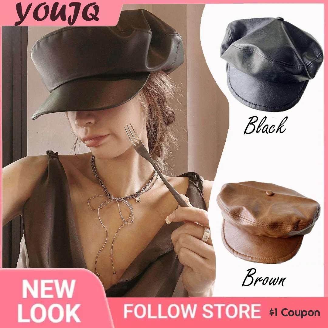 Y2K Niche Retro Newsboy Cap Female Autumn Winter Classic Vintage PU Leather Beret Fashionable Street Shooting Painter Hat Tide