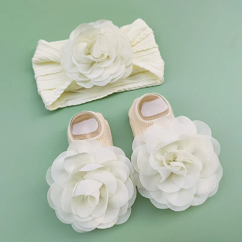 Ensemble de chaussettes de sauna pour bébé fille, 2 pièces, dentelle perlée, fleur, nouveau-né, joli nœud élastique, accessoires pour cheveux